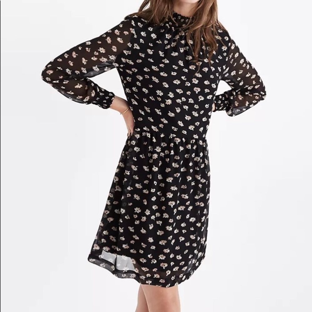 Madewell Black Brown Mislight Seattle Floral Mock Neck Long Sleeve Dress